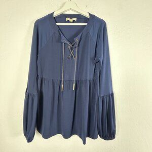 Michael Kors Womens Chain Lace-Up Blouson Sleeve Peasant Blouse Top Large Navy